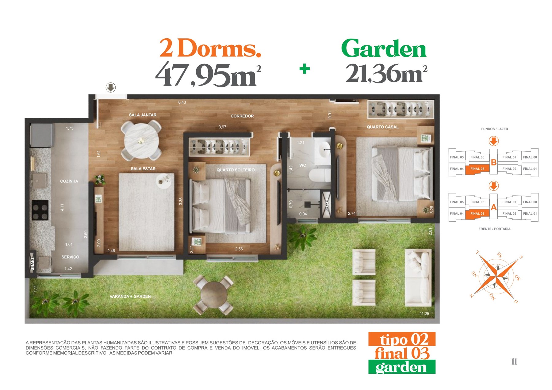 Planta humanizada 2 dormitórios 47,95m² com garden de 21,36m²