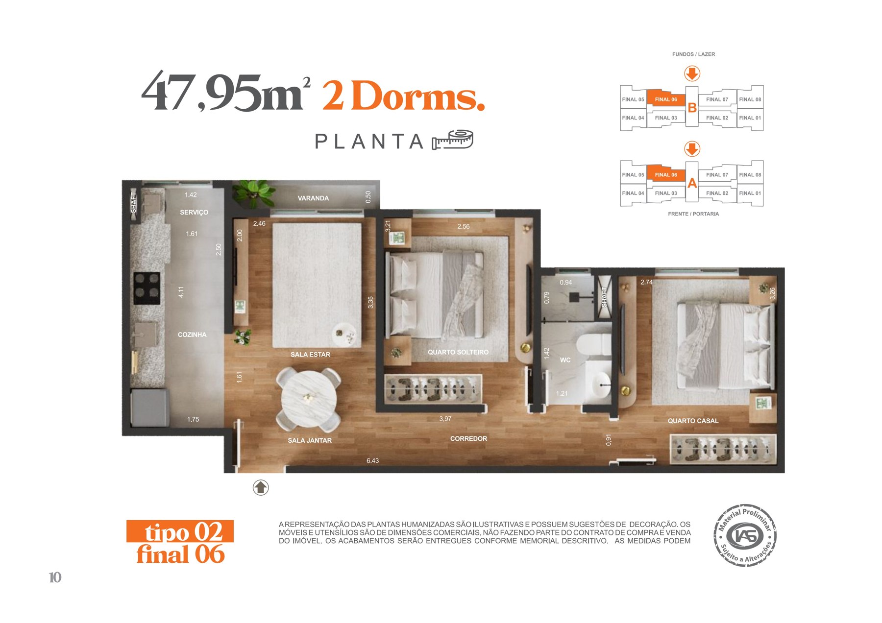 Planta humanizada 2 dormitórios 47,95m² — tipo 02 final 06