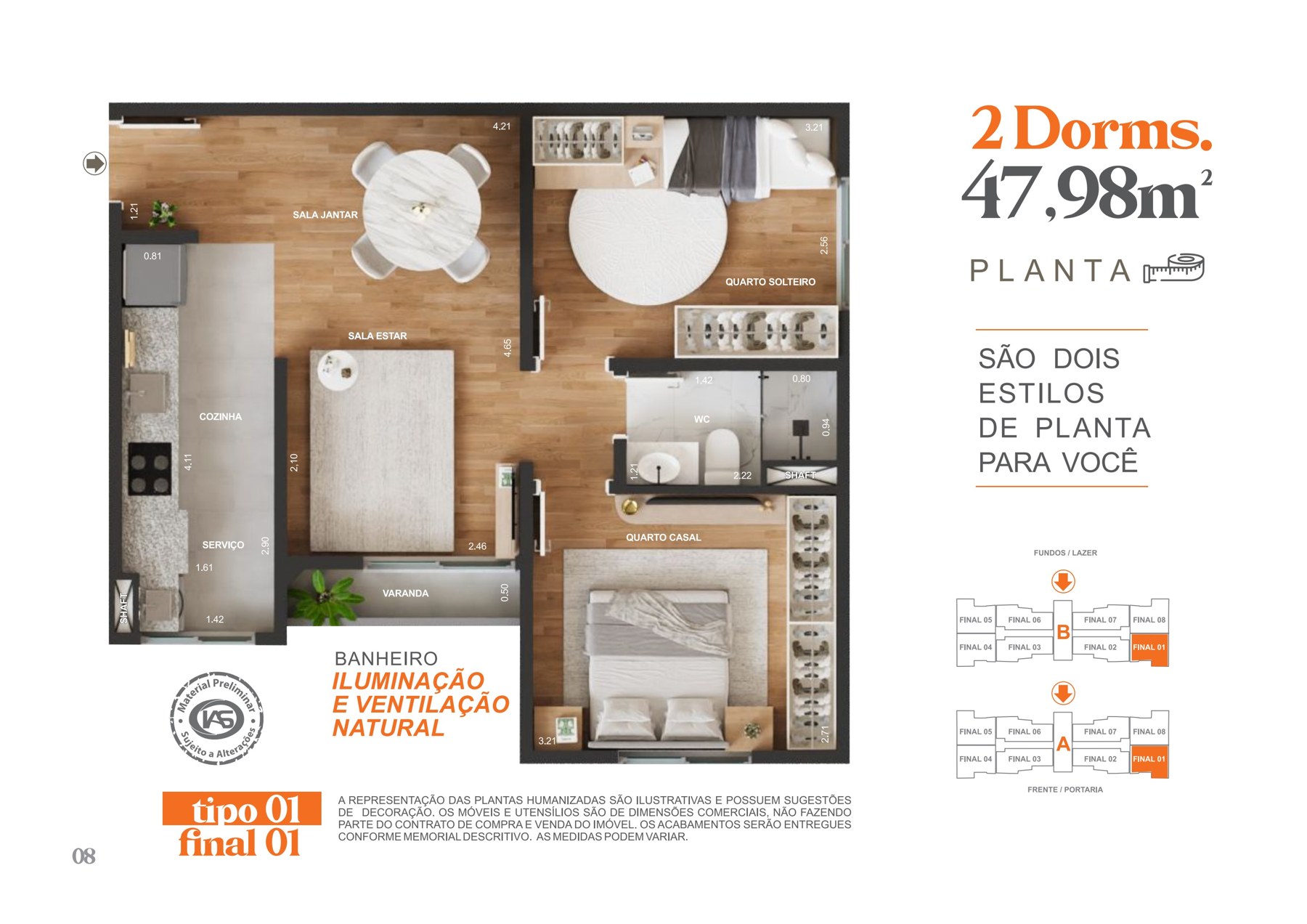 Planta humanizada 2 dormitórios 47,98m² — tipo 01 final 01