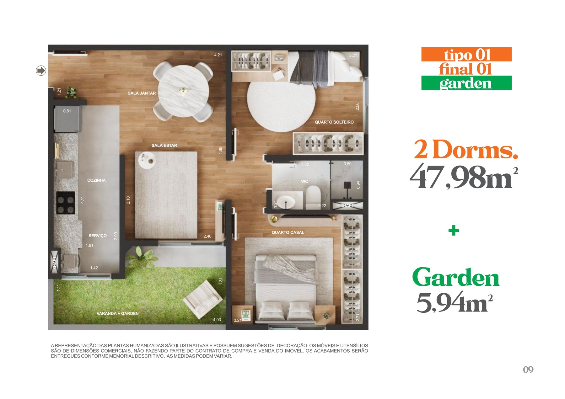 Planta humanizada 2 dormitórios 47,98m² com garden de 5,94m²