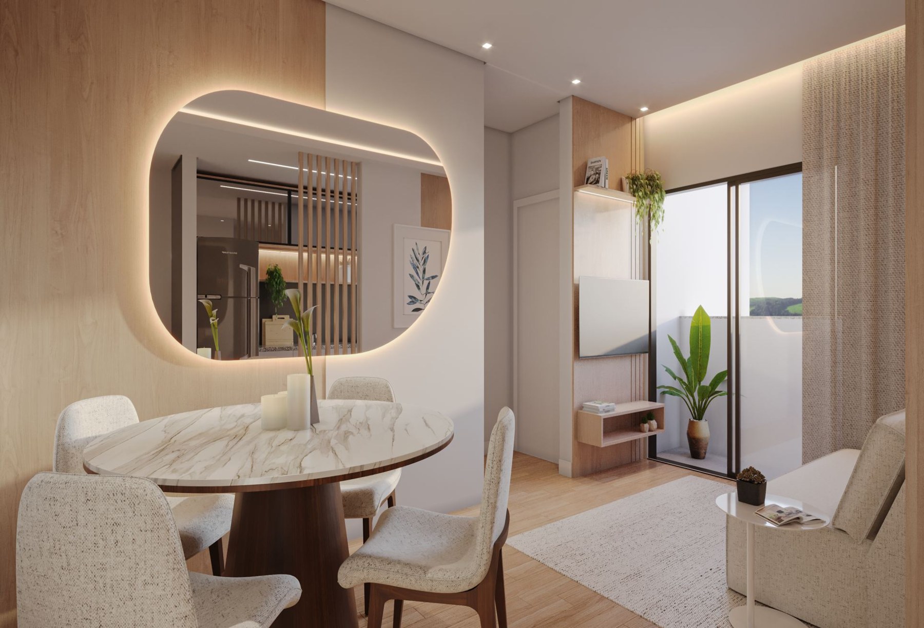 Perspectiva ilustrativa do living do Tipo 1 do Residencial Verona 2